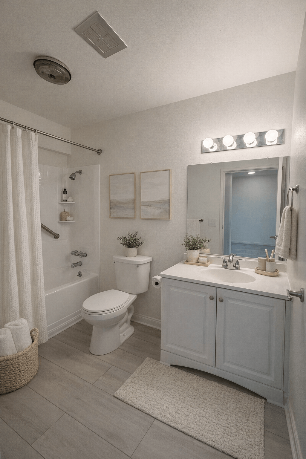 A bathroom with a toilet, sink, and mirror.